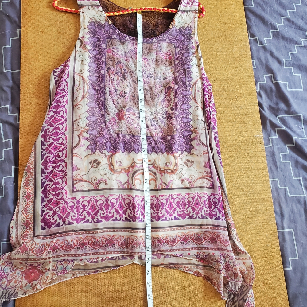 One World Boho Top Womens Sz M Asymmetric Hem Crochet Lace Flowy Fairy Festival - Picture 7 of 13